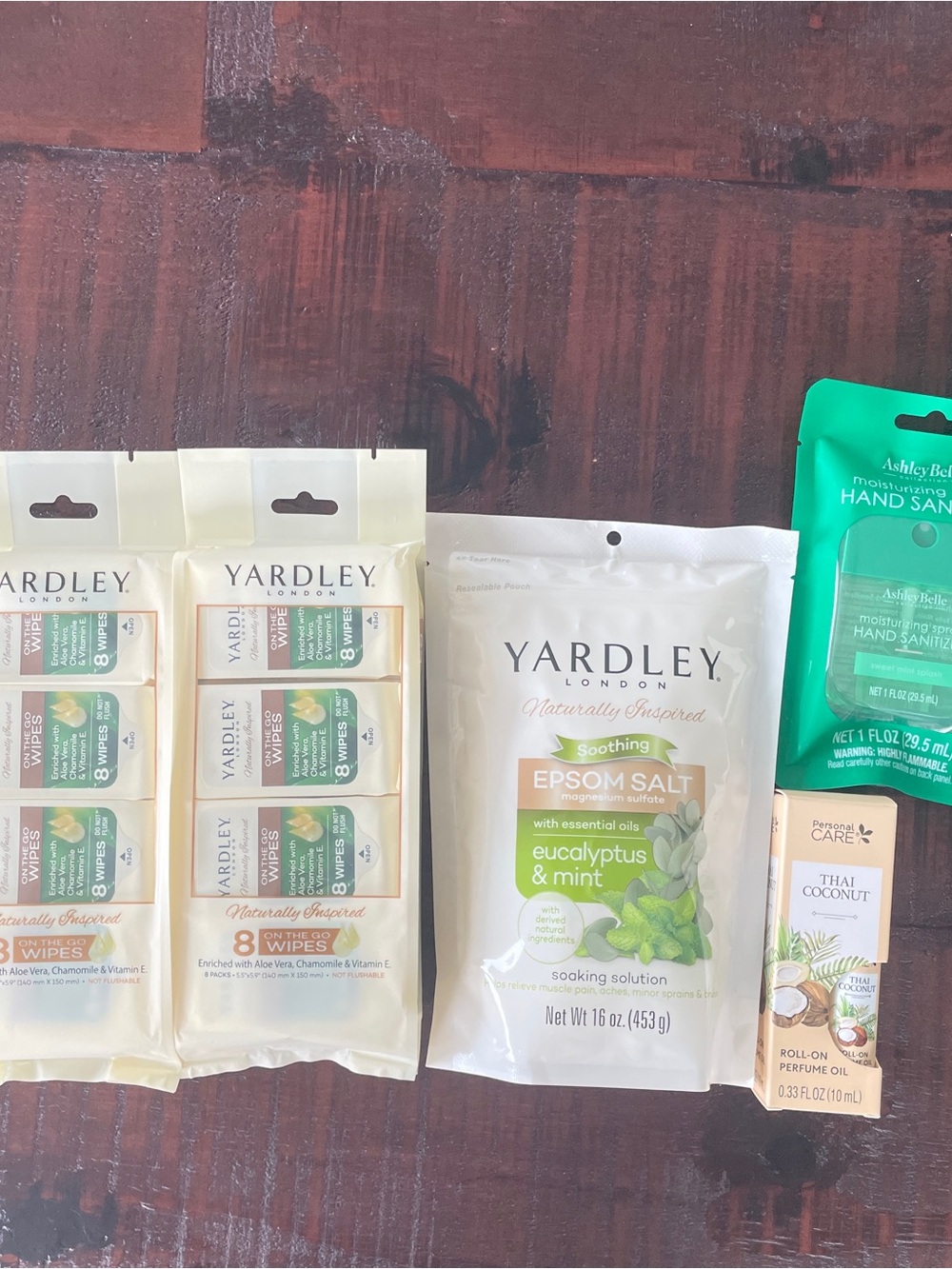 Yardley wipes, Epsom salts, Perfume body oil, sanitizer.